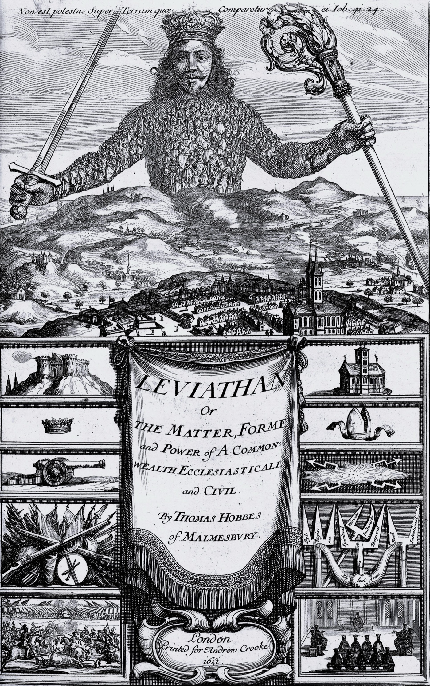 Frontispiece of Hobbes's Leviathan: a crowned giant whose body is made of people